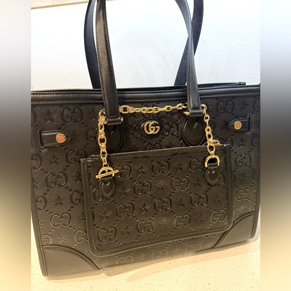 Gucci Black Tote with Gold Chain Accents